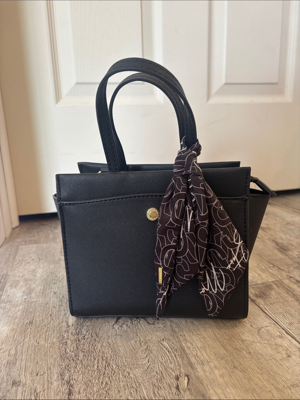 Steve Madden Black Structured mini Satchel with Patterned Scarf Accent